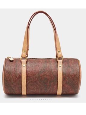 Etro VTG Bordeaux Paisley Coated Canvas & Leather Barrel Bag 2001 Made in Italy